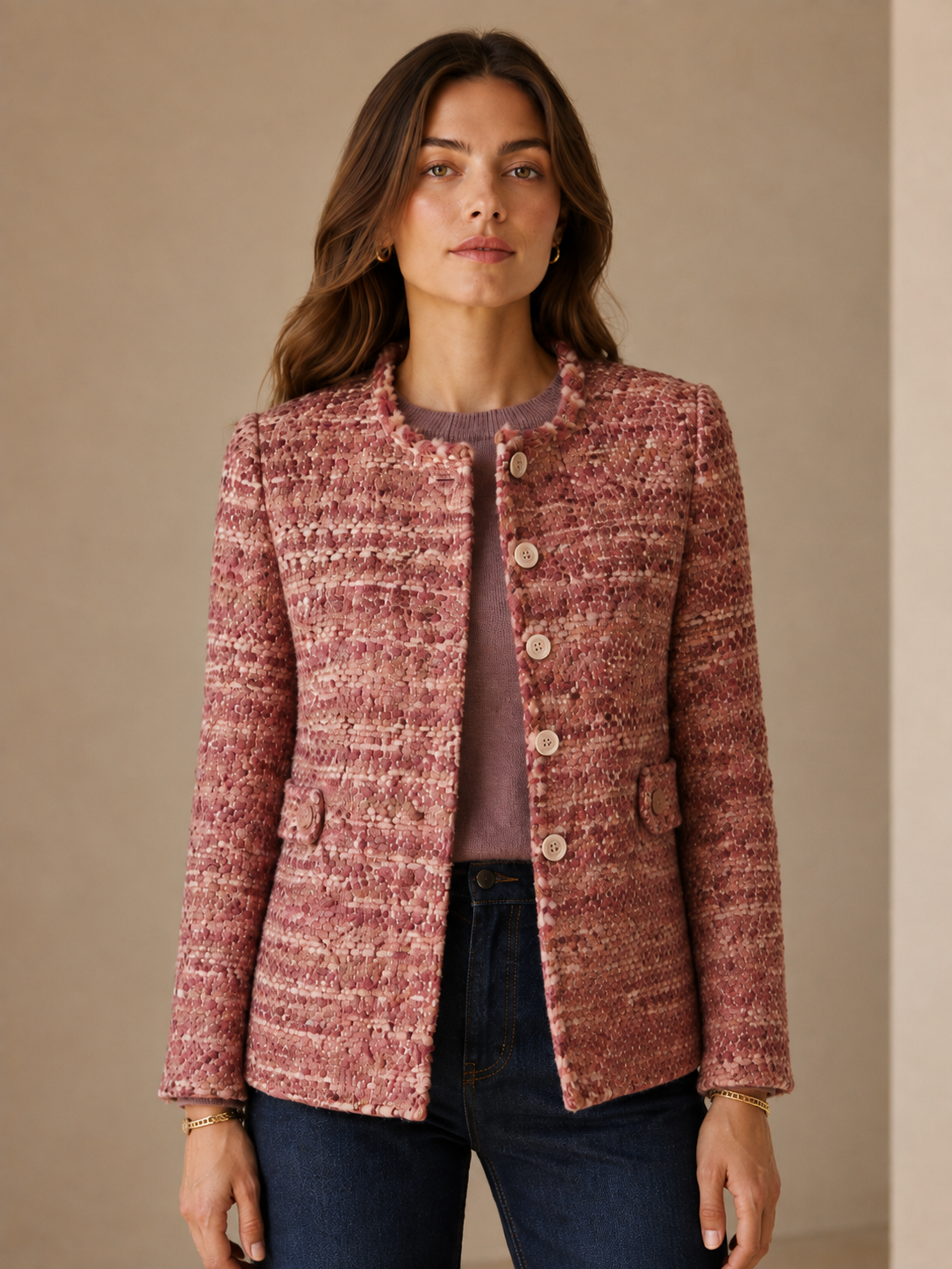 fleur Pariser Chic Bouclé-Jacke Mauve Rosa Multicolor - Lookbook-Impression