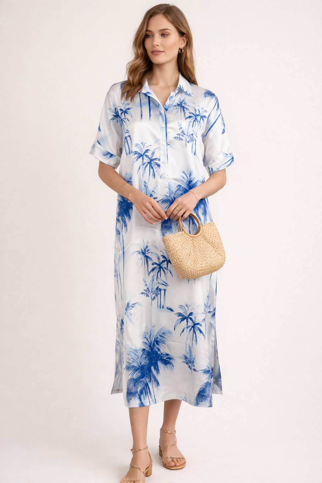 Seidenkleid „Palmen“ Weiß | Blau