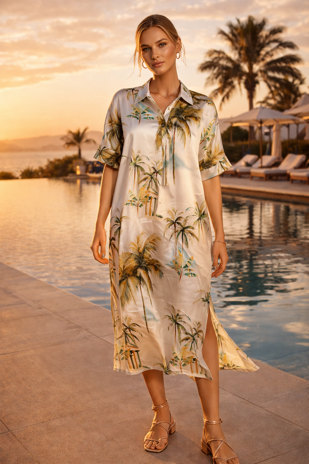 Seidenkleid „Palmen“ Grün | Multicolor