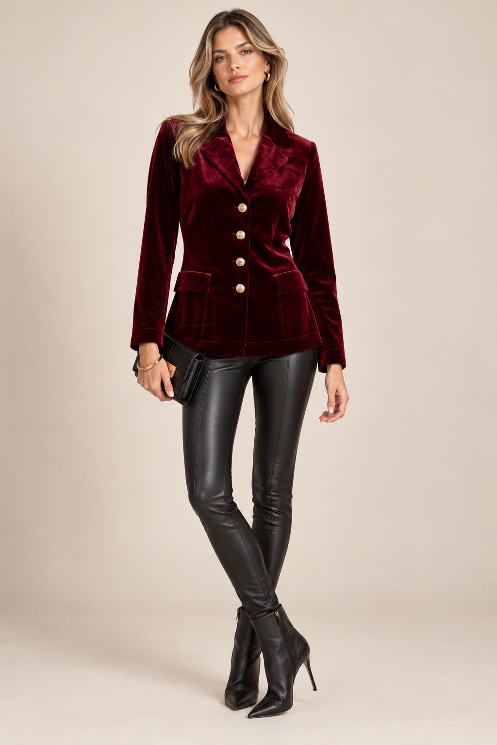 GLAMOURÖSES STATEMENT-PIECE: DER ELEGANTE SAMTBLAZER IN TIEFEM BORDEAUX VON FLEUR / Frontansicht