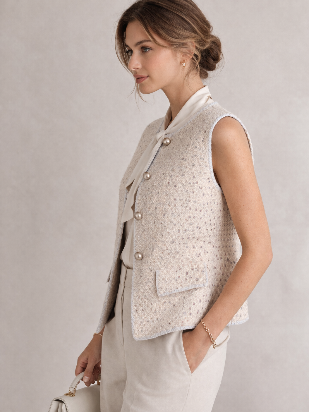 Bouclé-Weste Beige | Hellblau
