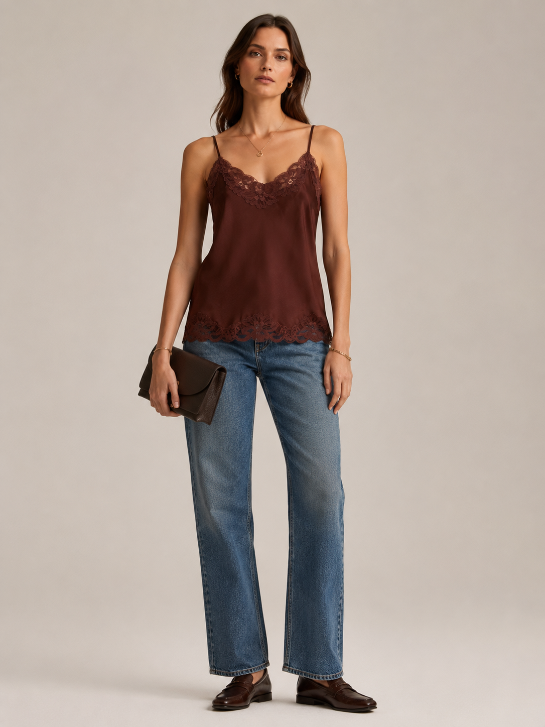 Seidene Spitzen-Camisole „Boudoir-Stil“ Schokobraun