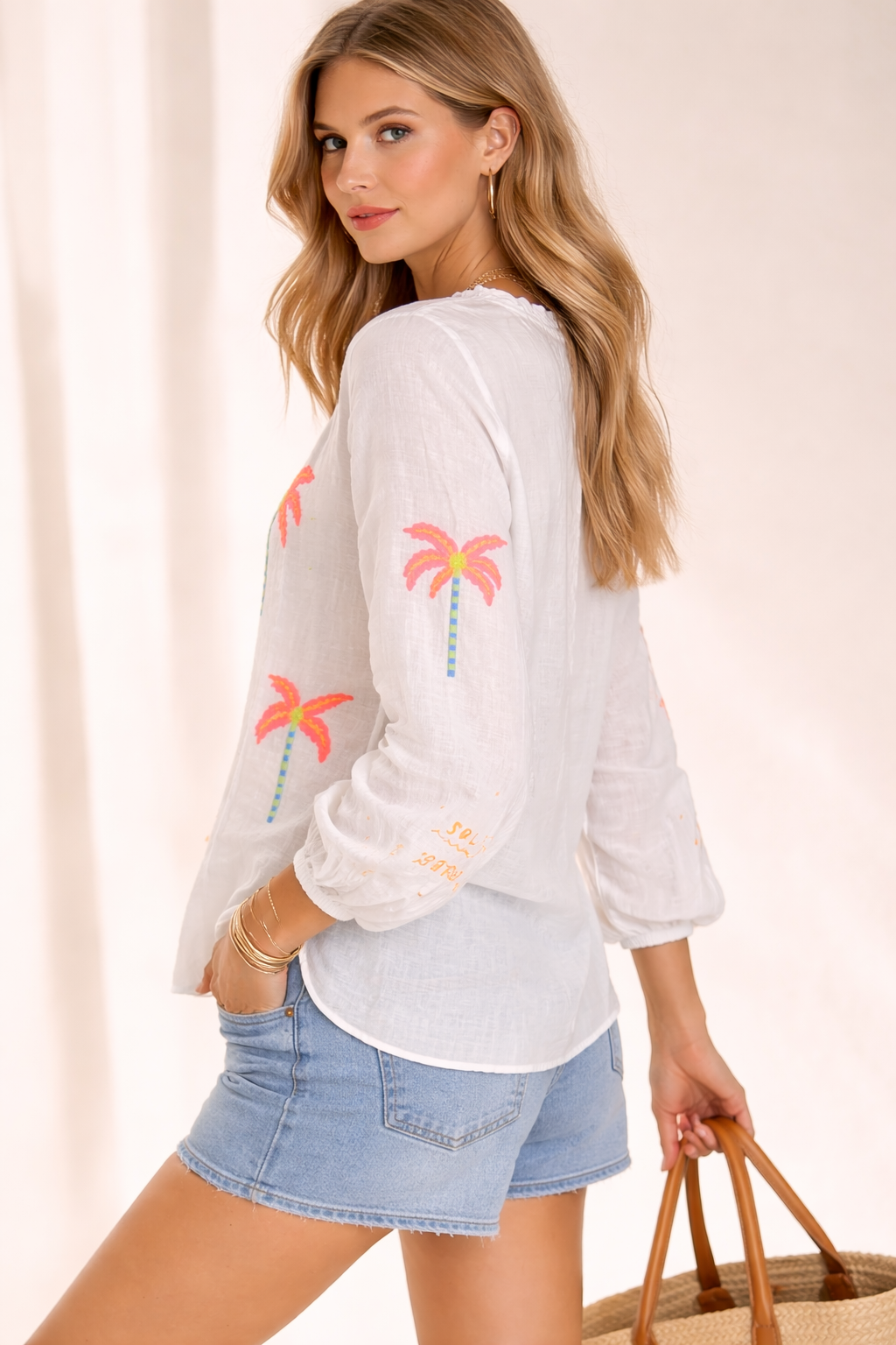 Leinenbluse „Tropical Vibes“ Weiß | Multicolor