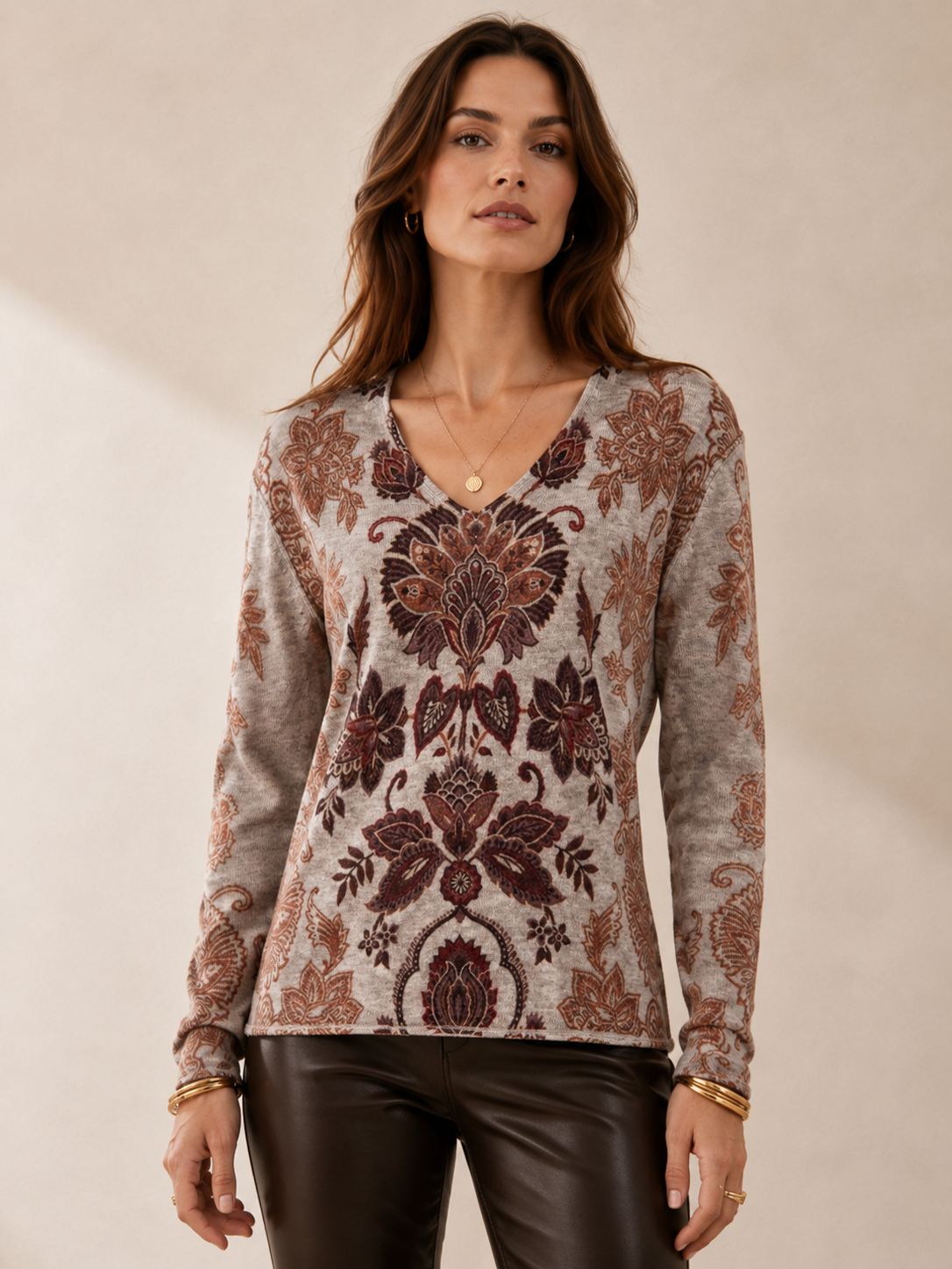 Kaschmir-Blend-Pullover „Floral- & Paisley“ Melange Grau | Multicolor