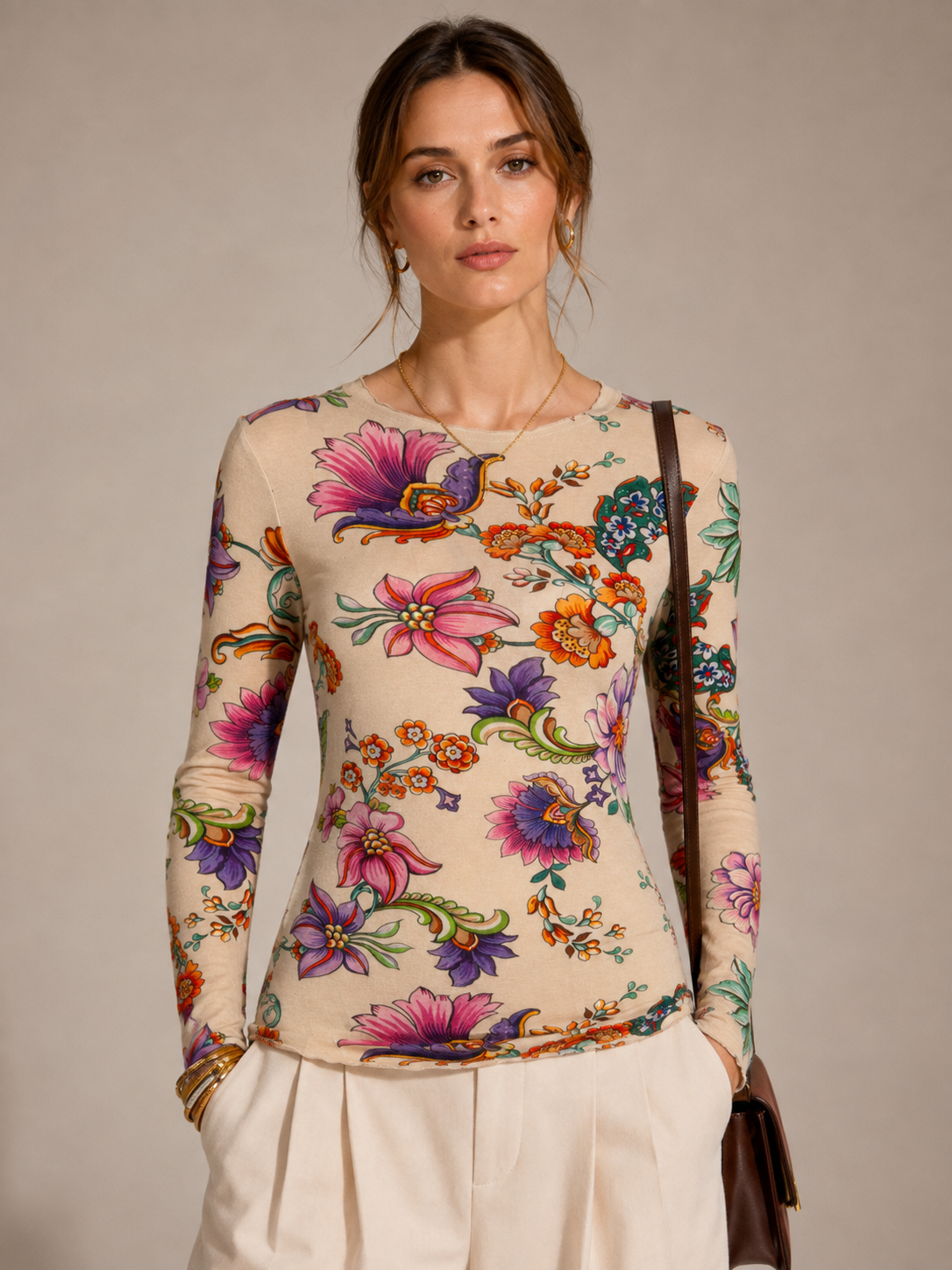 Statement-Langarmshirt „Floral & Ornament“ Creme | Multicolor