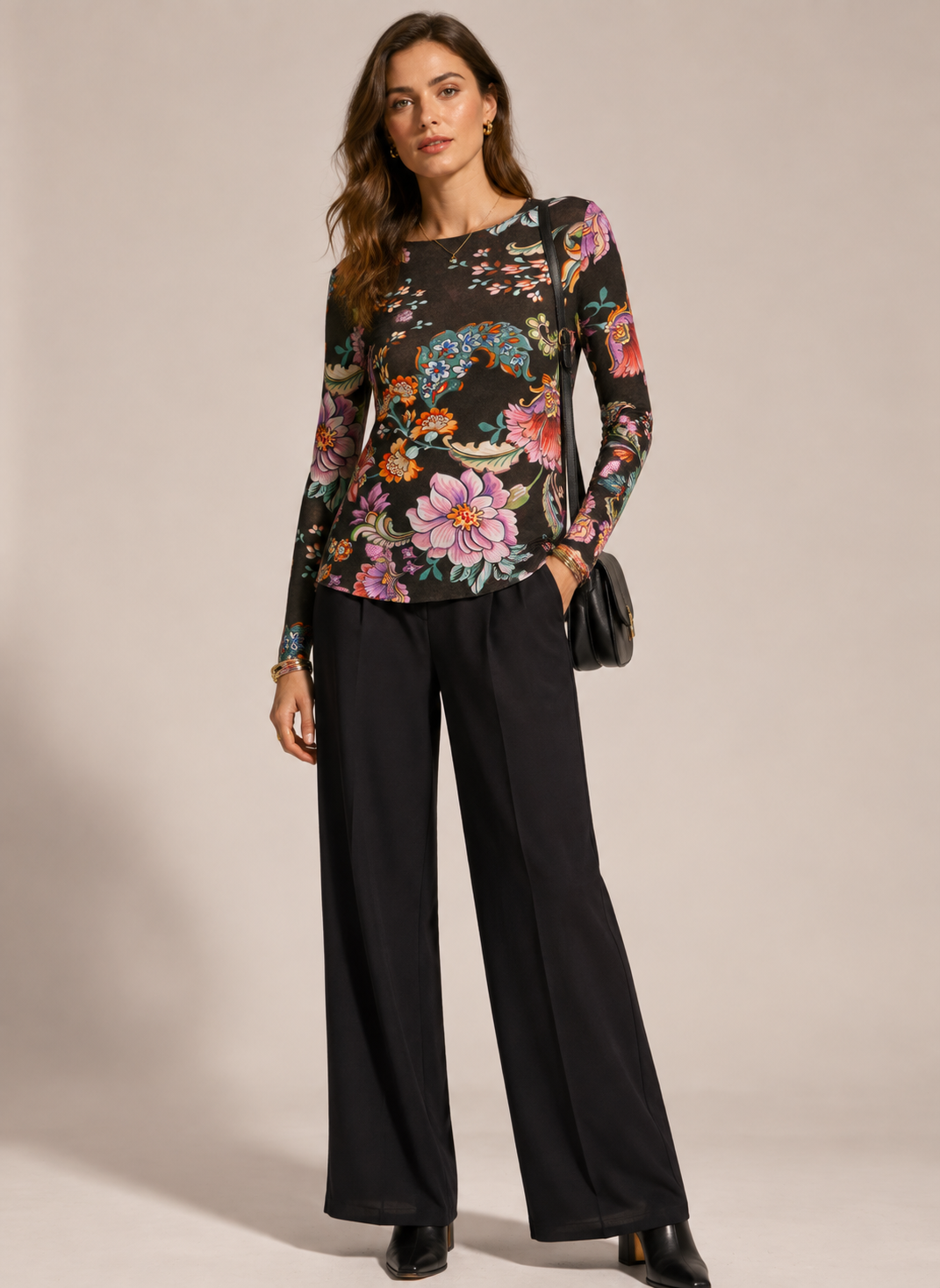 Statement-Langarmshirt „Floral & Ornament“ Schwarz | Multicolor