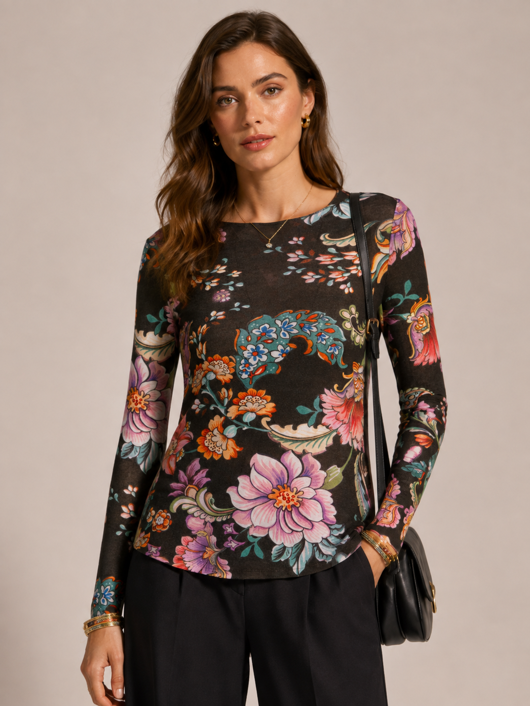 Statement-Langarmshirt „Floral & Ornament“ Schwarz | Multicolor