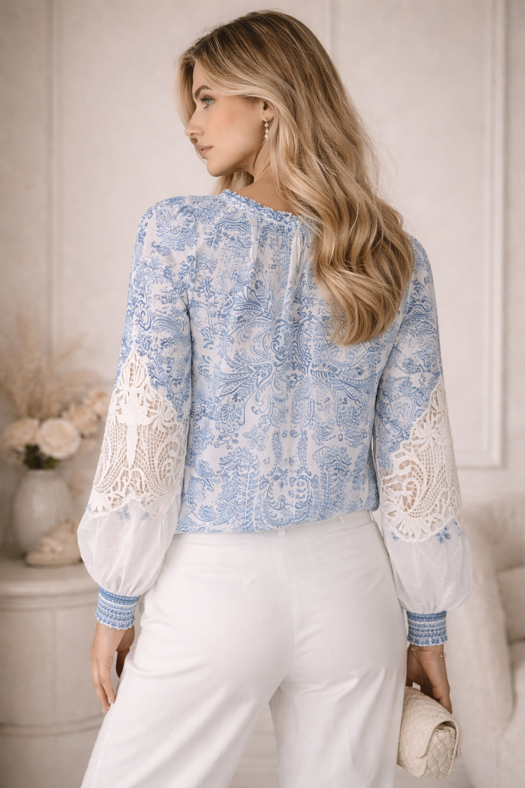 Paisley-Seidenbluse Weiß | Blau