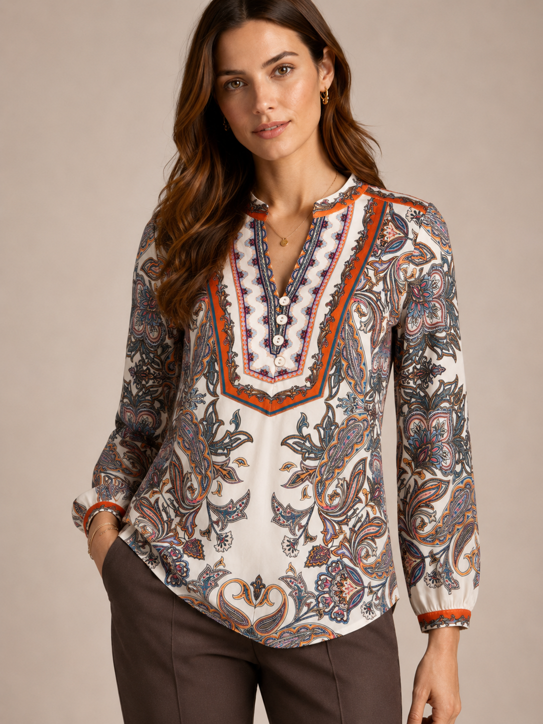 Bohème-Bluse Weiß | Blau | Orange | Multicolor