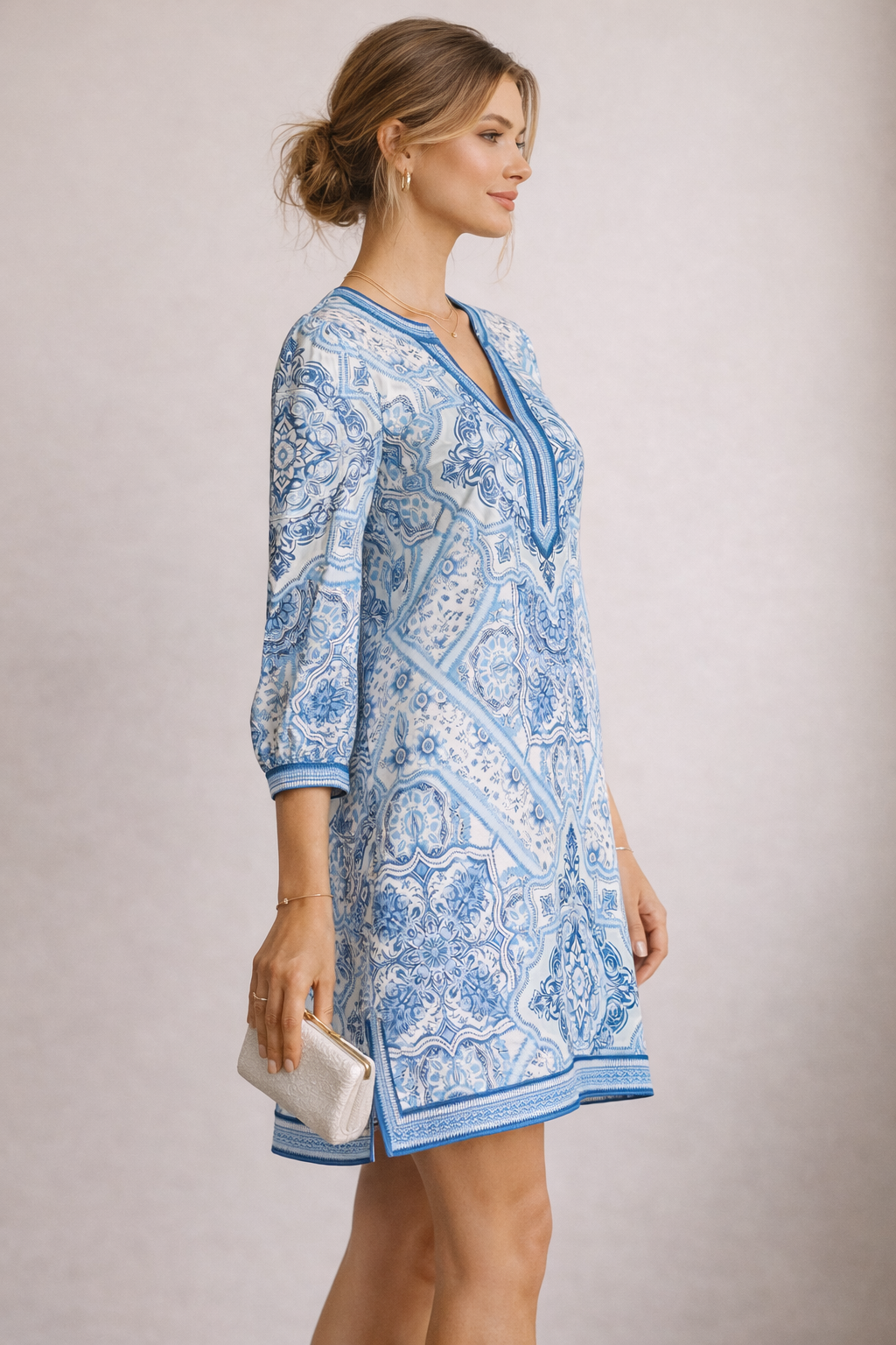 Ornamental-Kleid Blau | Weiß