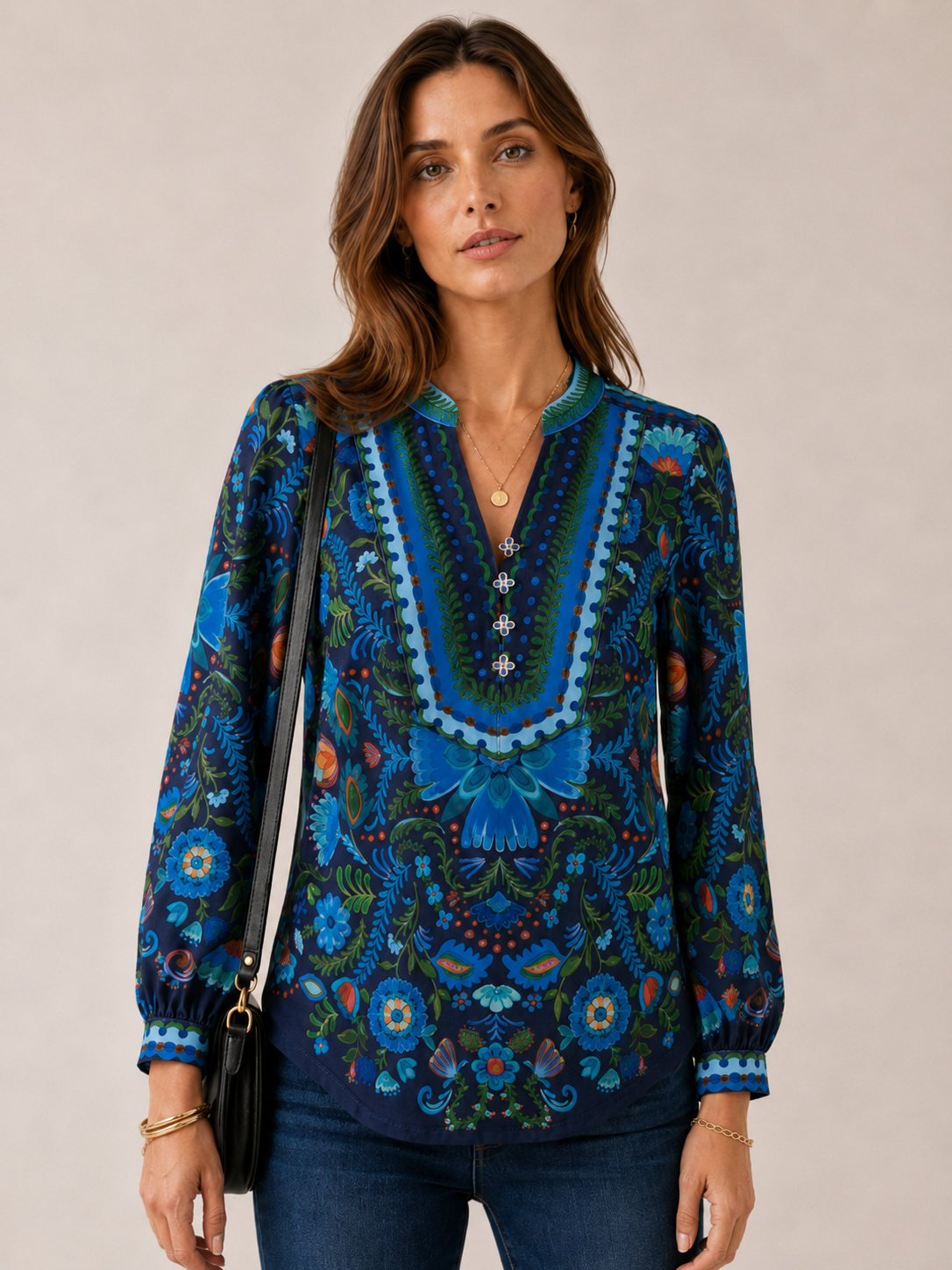 Bohemian-Chic-Bluse „Florale Eleganz“ Blau | Multicolor