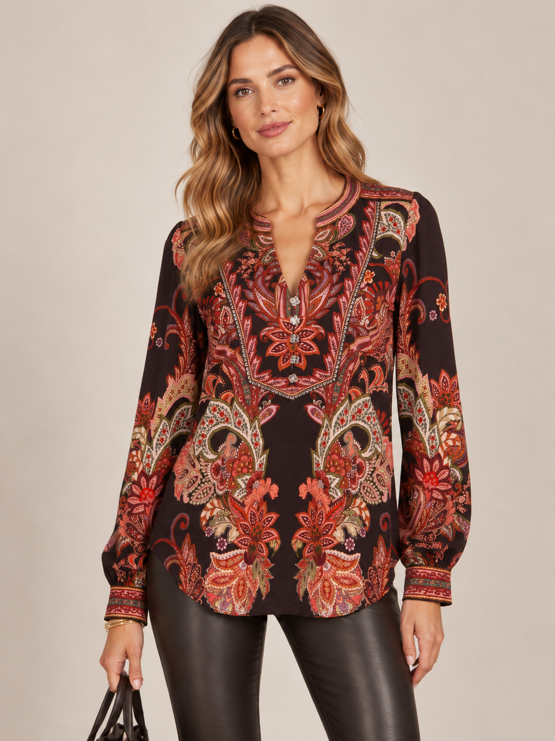 Bohemian-Chic-Bluse „Gemusterte Eleganz“ Dunkel Grund | Multicolor