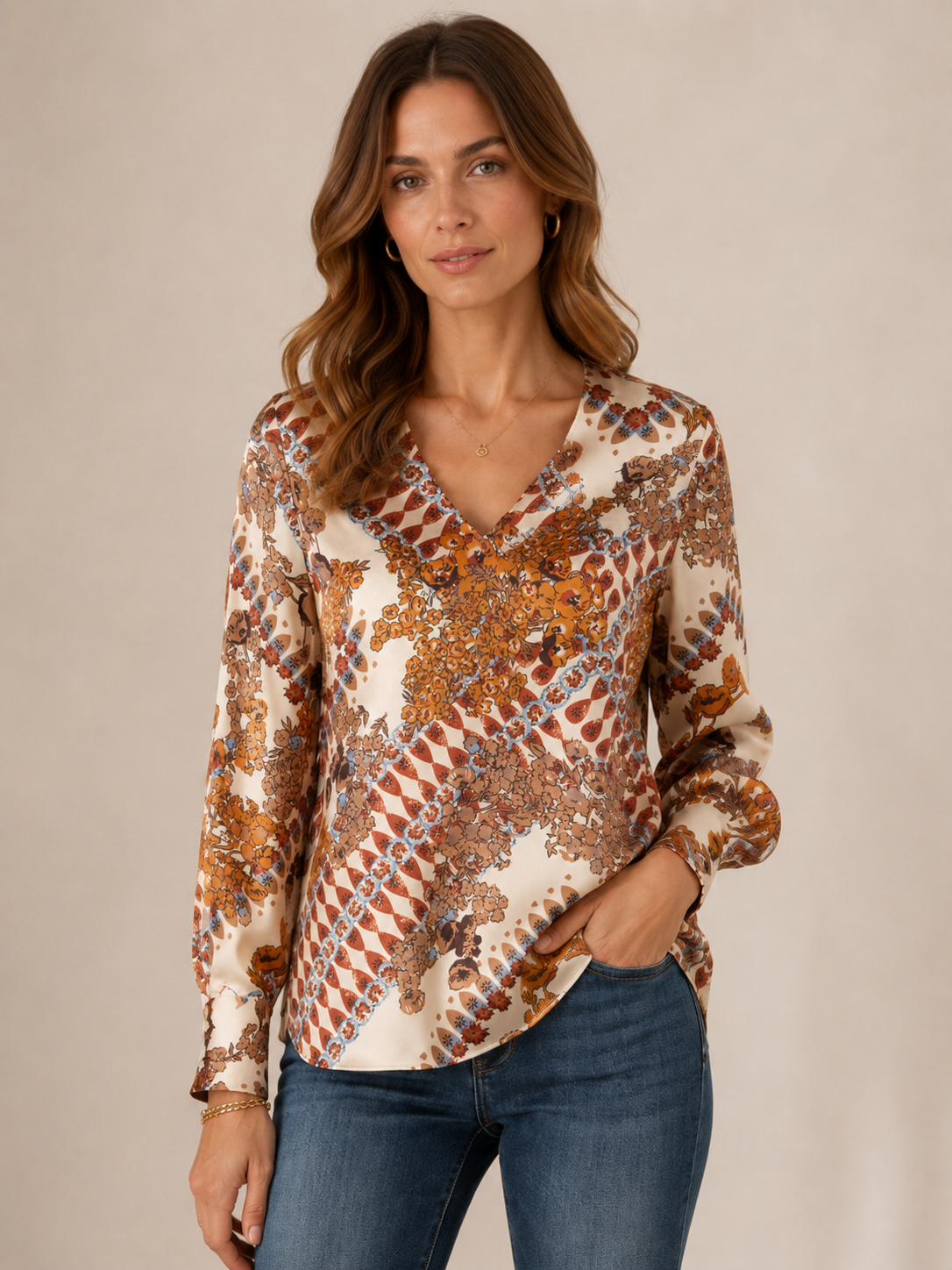 Seidenbluse „Floral & Geometrie“ Warmen Erdtönen