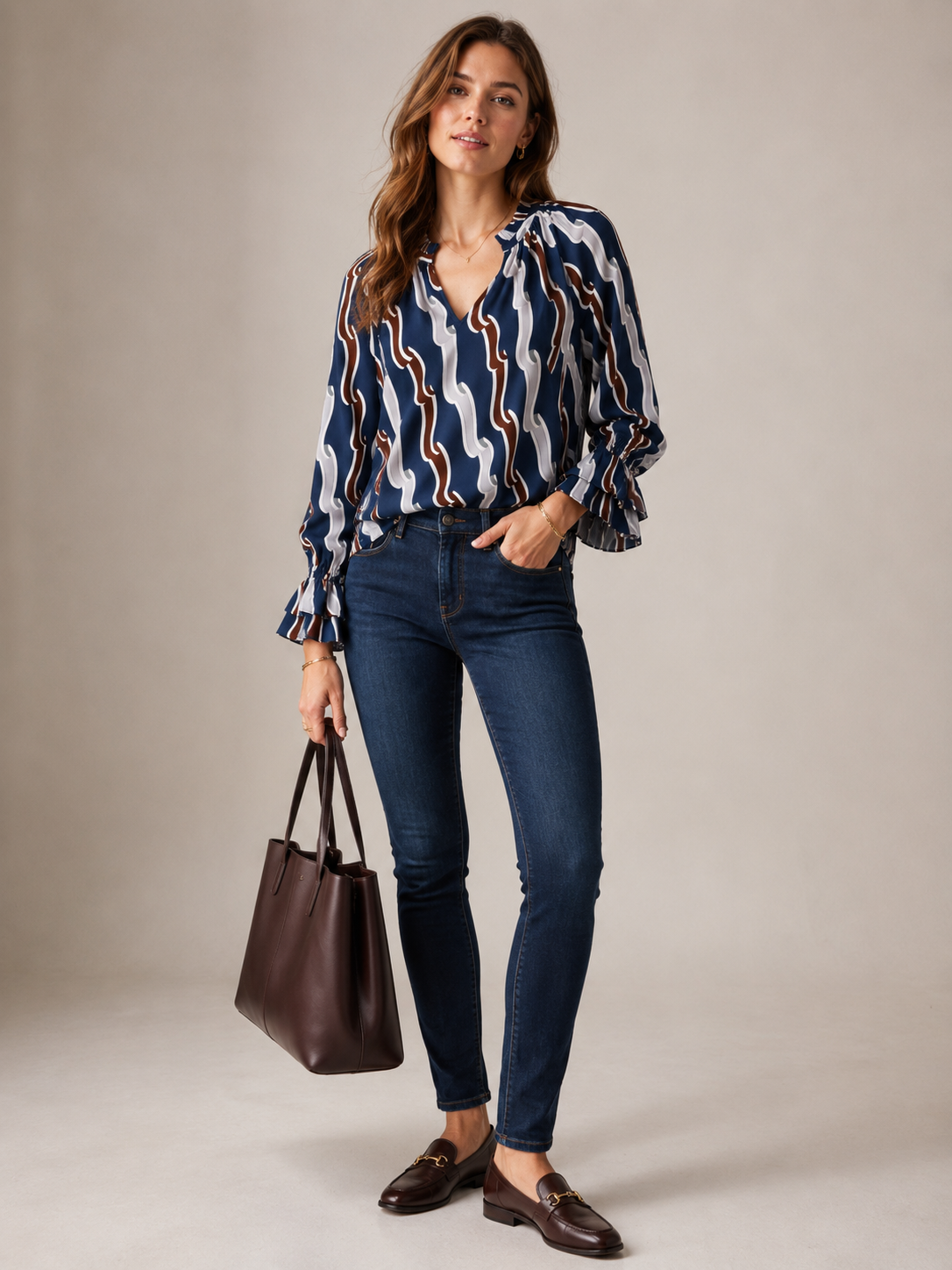 Seidenbluse „Retro-Chic“ Marineblau | Braun | Grau | Weiß