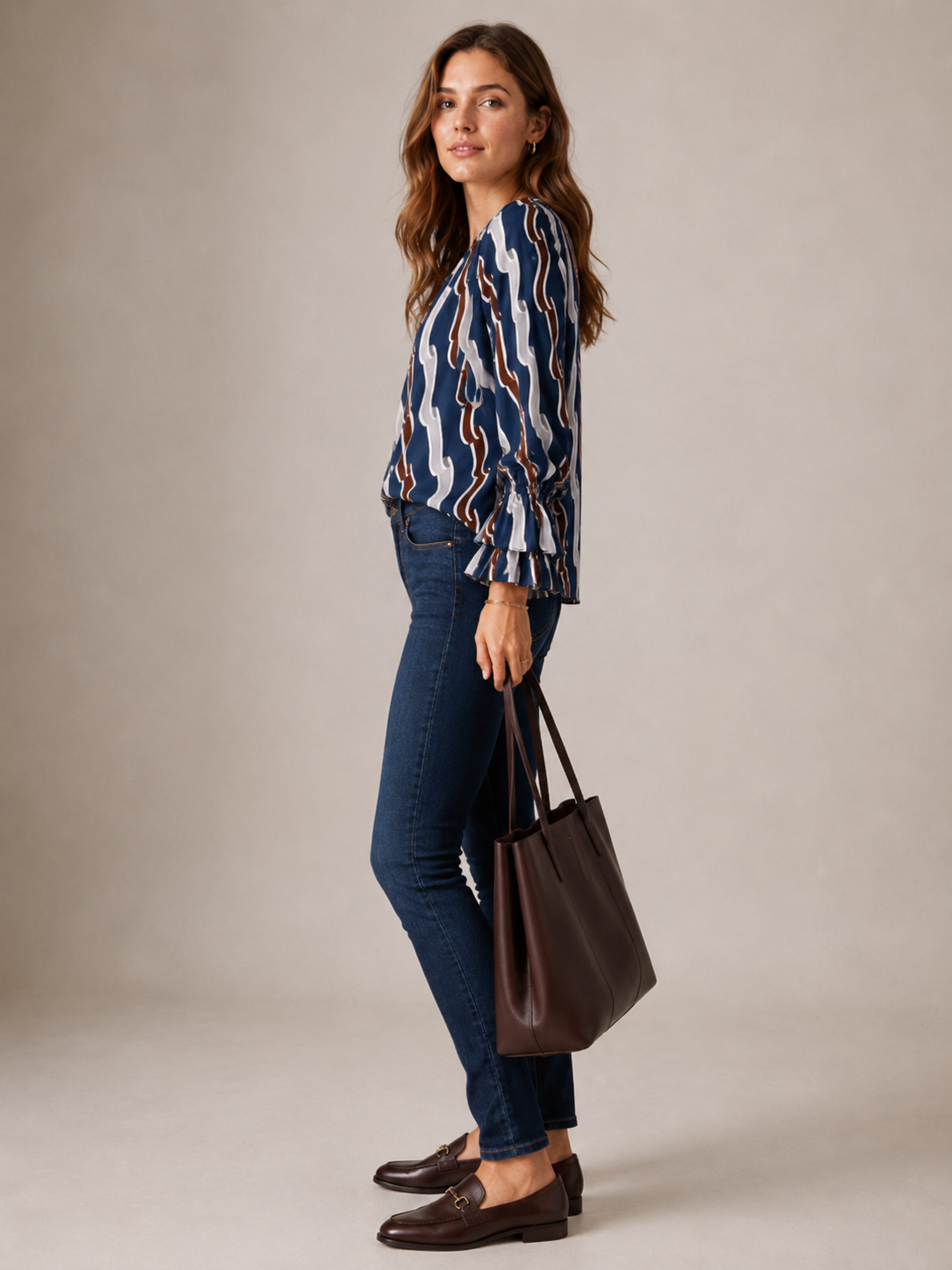 Seidenbluse „Retro-Chic“ Marineblau | Braun | Grau | Weiß
