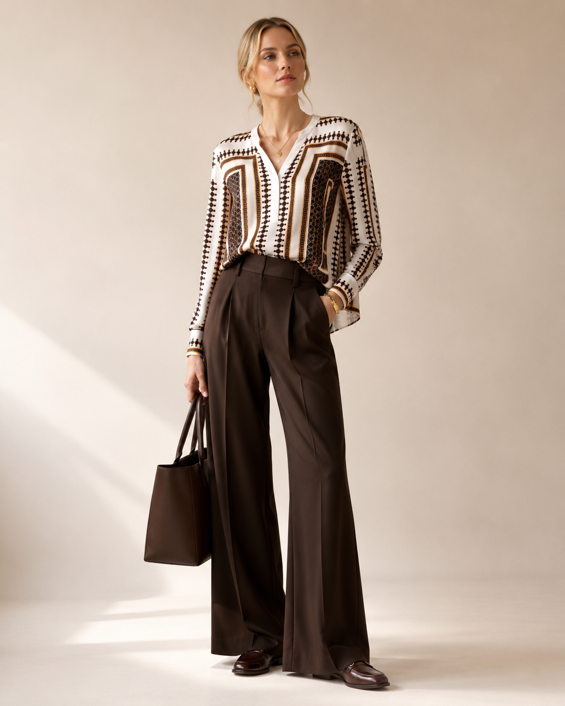 Statement-Bluse „Geometrischen Ornamenten“ Braun | Gelb | Weiß