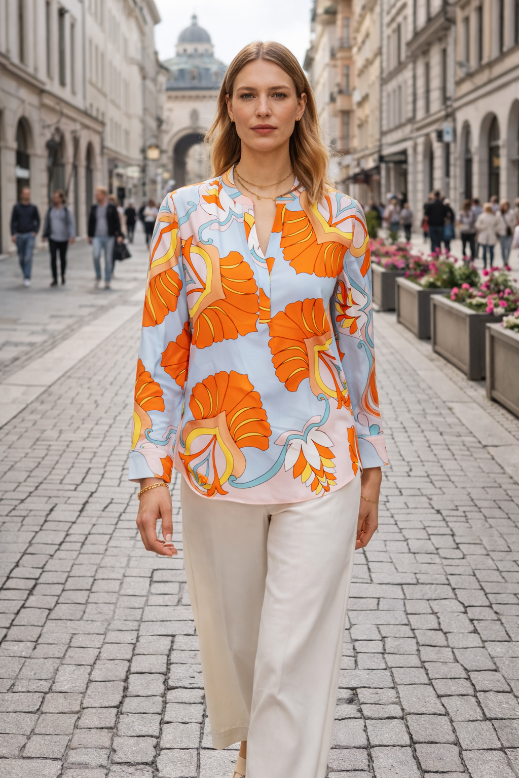 Seidenbluse Hellblau | Orange | Gelb