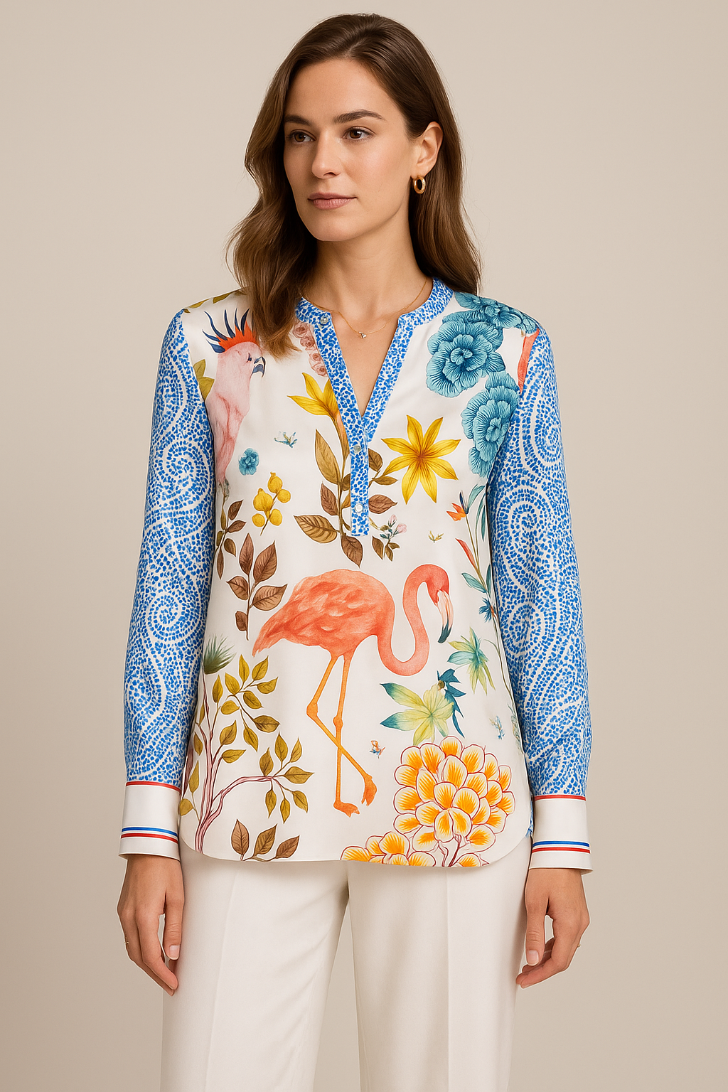 Seidenbluse „Flamingo“ Weiß | Multicolor