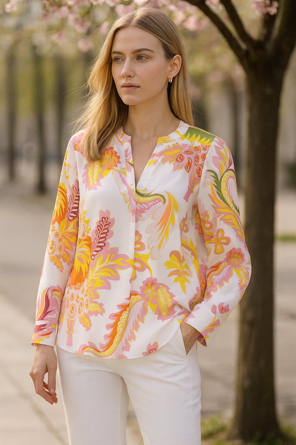 Seidenbluse „Blumen“ Weiß | Multicolor