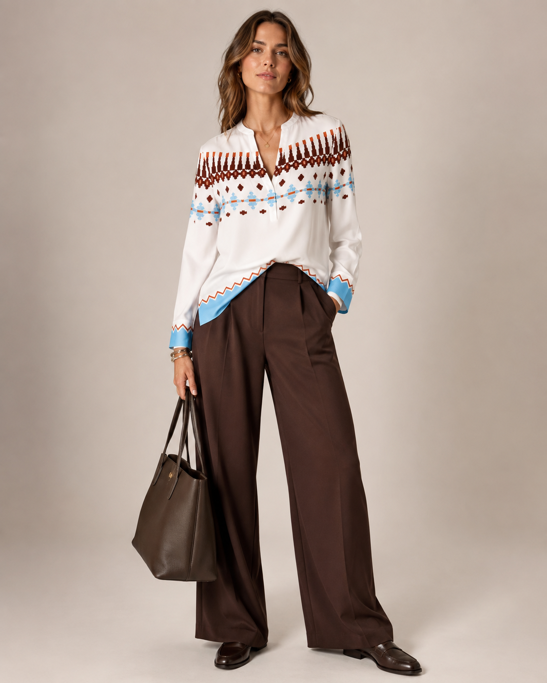 Statement-Bluse „Ethno-Print“ Weiß | Blau | Braun