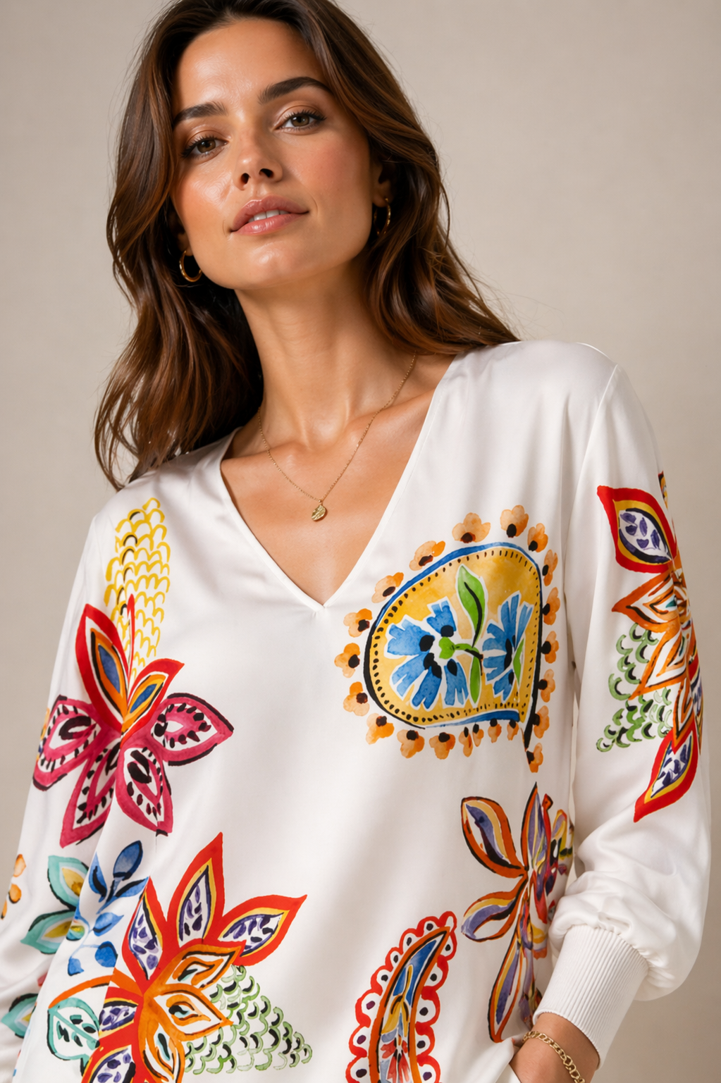 Seidenbluse „La Dolce Vita“ Weiß | Multicolor