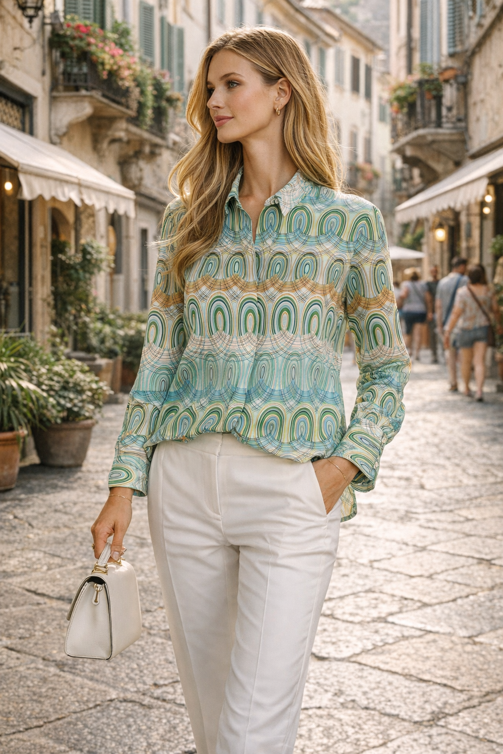 Statement-Blusenshirt „Retro-Print“ GRÜN/BLAU/BRAUN/CREME