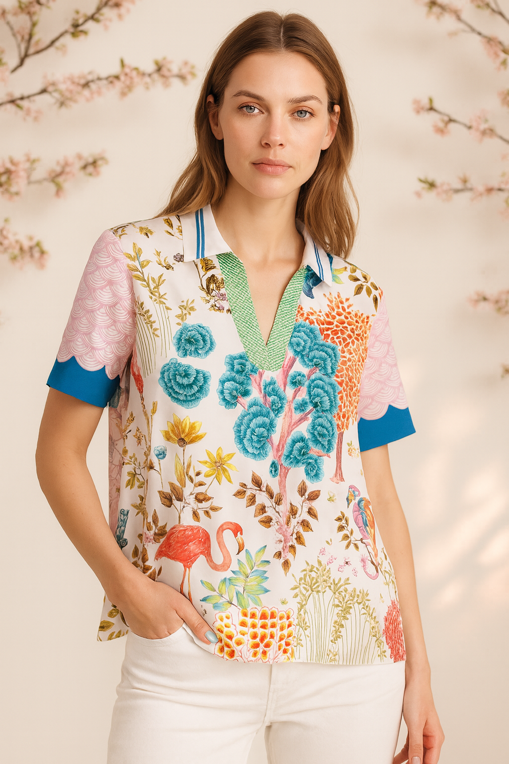 Seidenshirt „Flamingo & Blumen“ Weiß | Multicolor