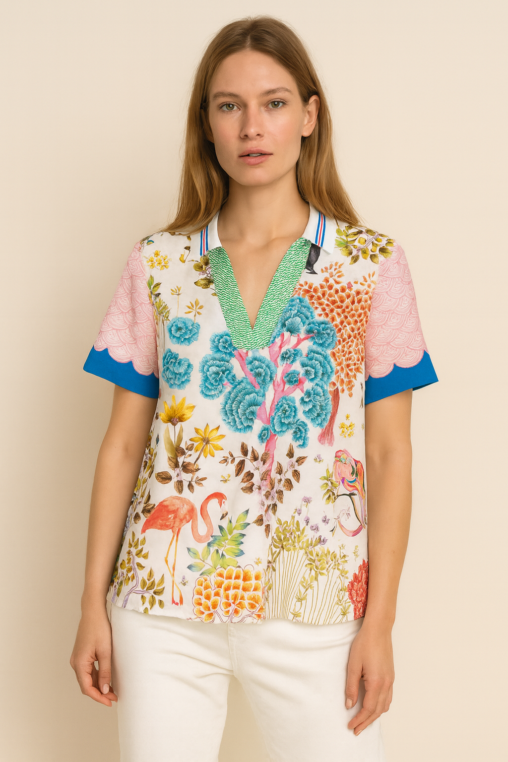 Seidenshirt „Flamingo & Blumen“ Weiß | Multicolor