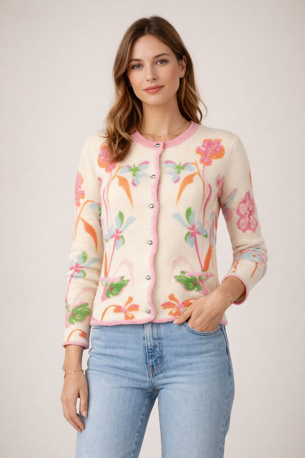 Strickjacke „Floral“ Creme | Multicolor