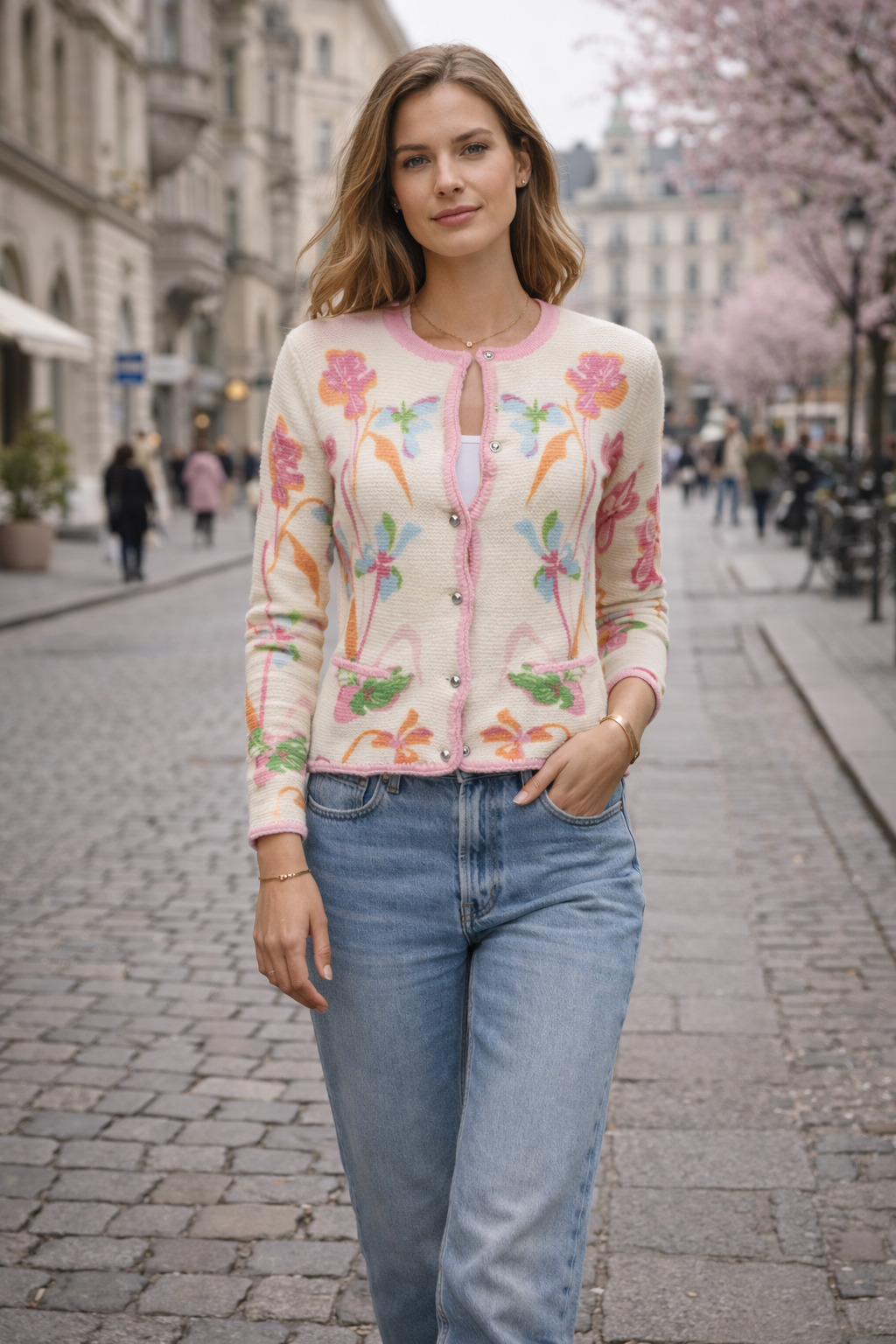 Strickjacke „Floral“ Creme | Multicolor