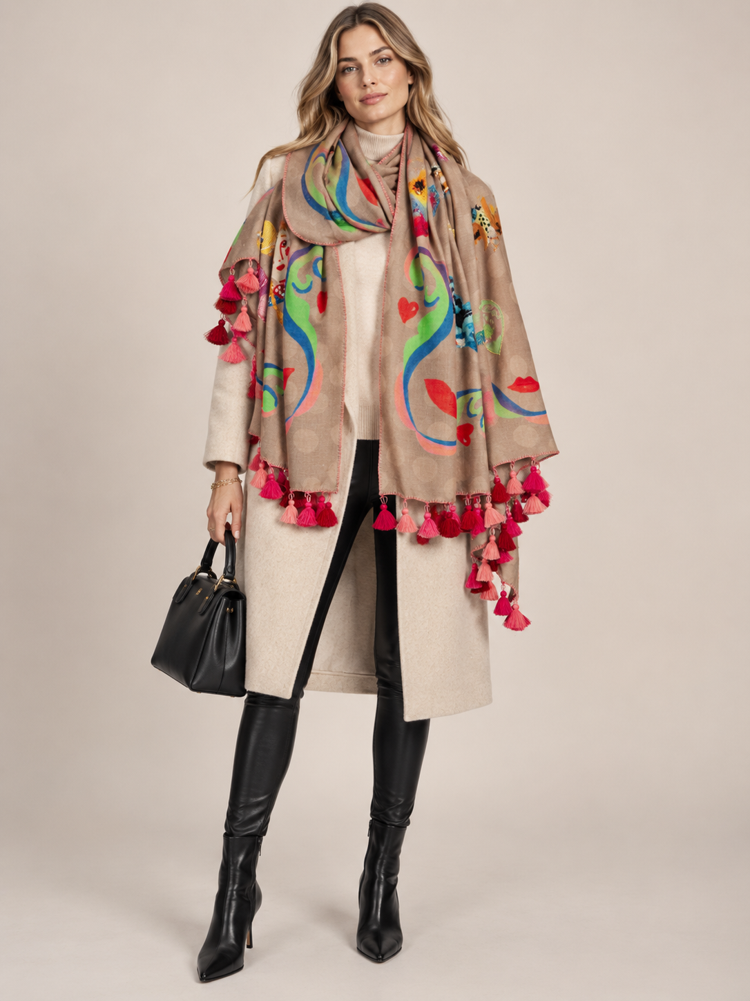Maison Common Statement-Schal Eiffelturm, Macarons, Polka-Dots Taupe Multicolor - Editorial-Ansicht