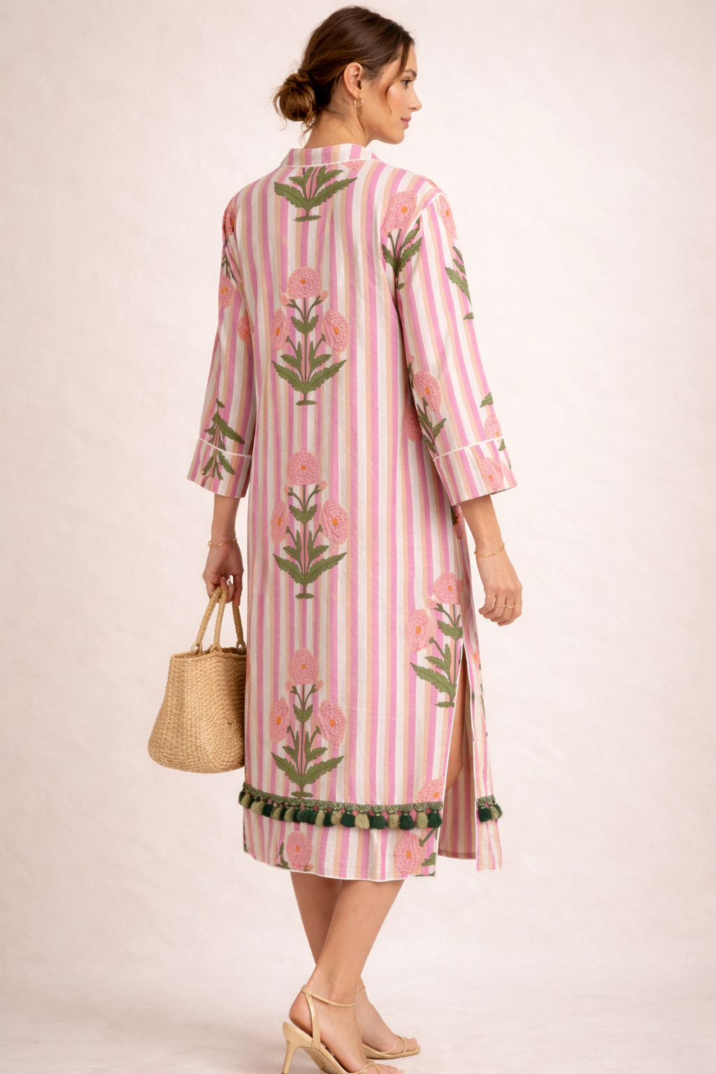 Kleid „Blumen & Streifen“ Creme | Pink | Beige