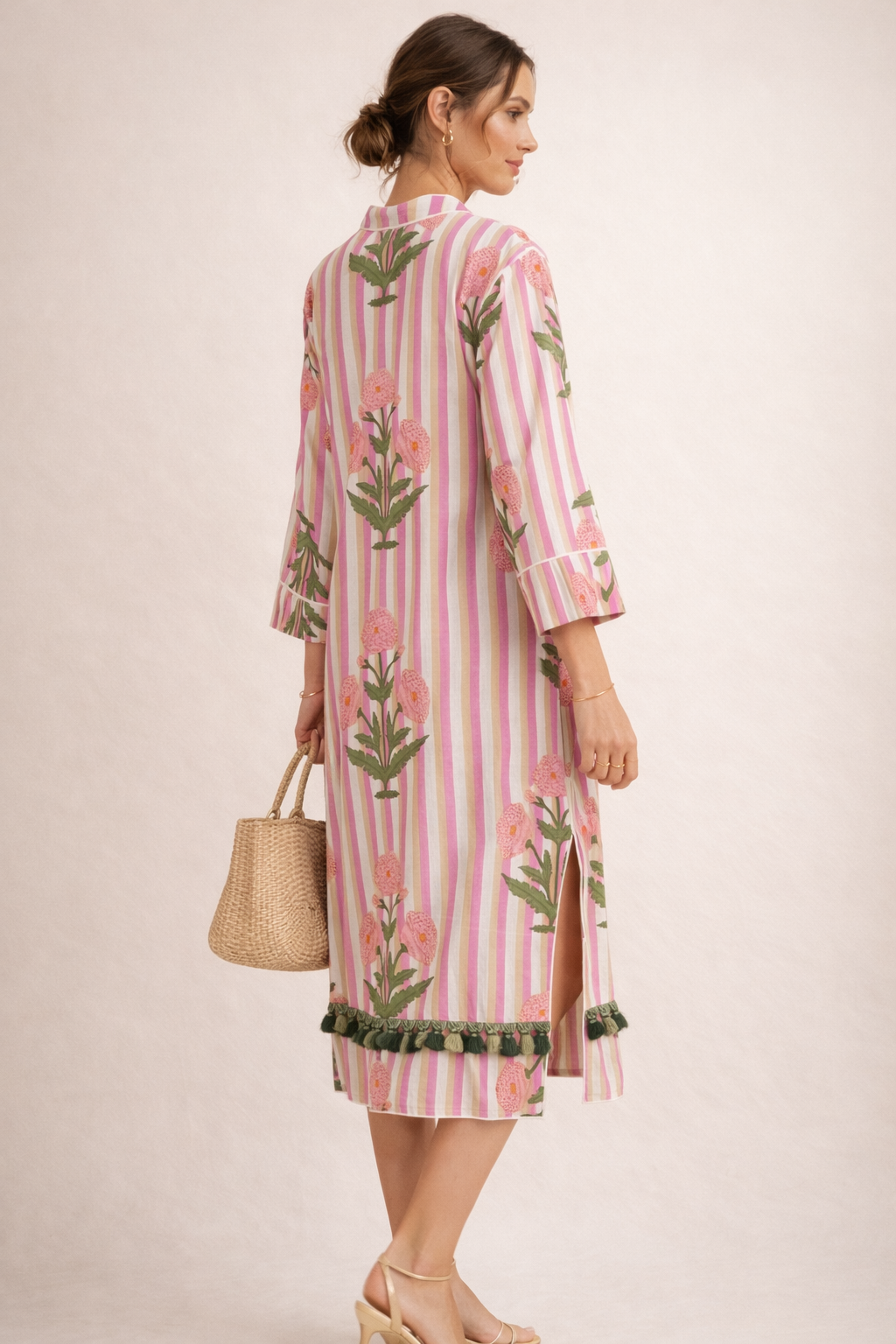 Kleid „Blumen & Streifen“ Creme | Pink | Beige