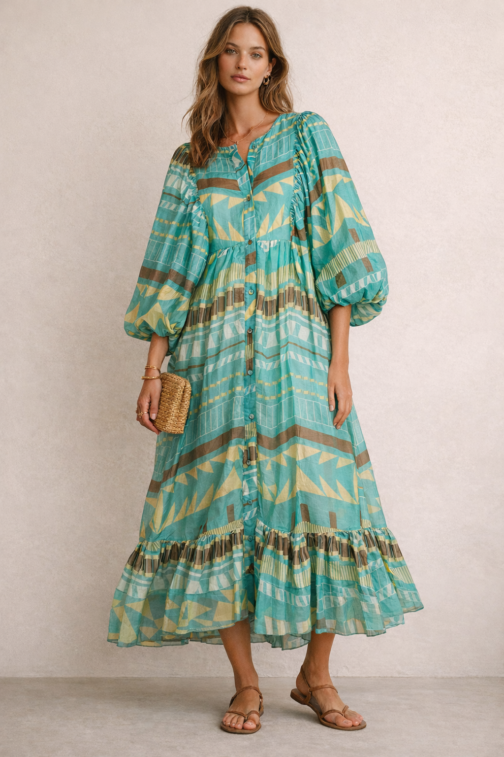 Statement-Maxikleid Türkis | Gelb | Braun