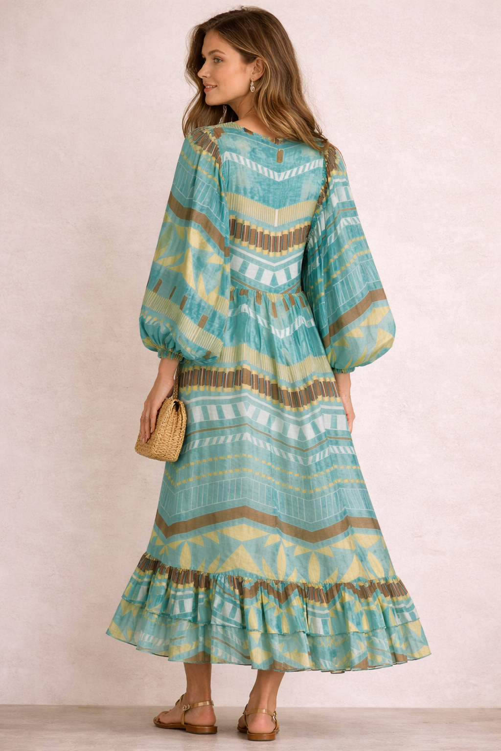 Statement-Maxikleid Türkis | Gelb | Braun