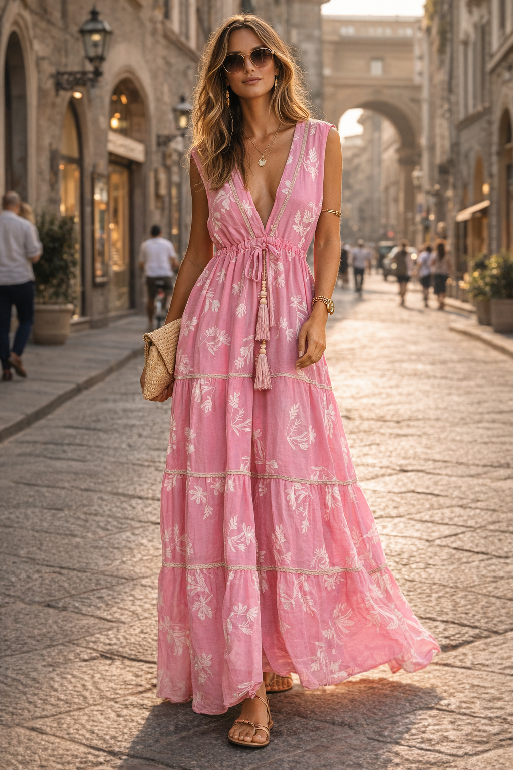 Boho-Maxikleid Pink | Weiß