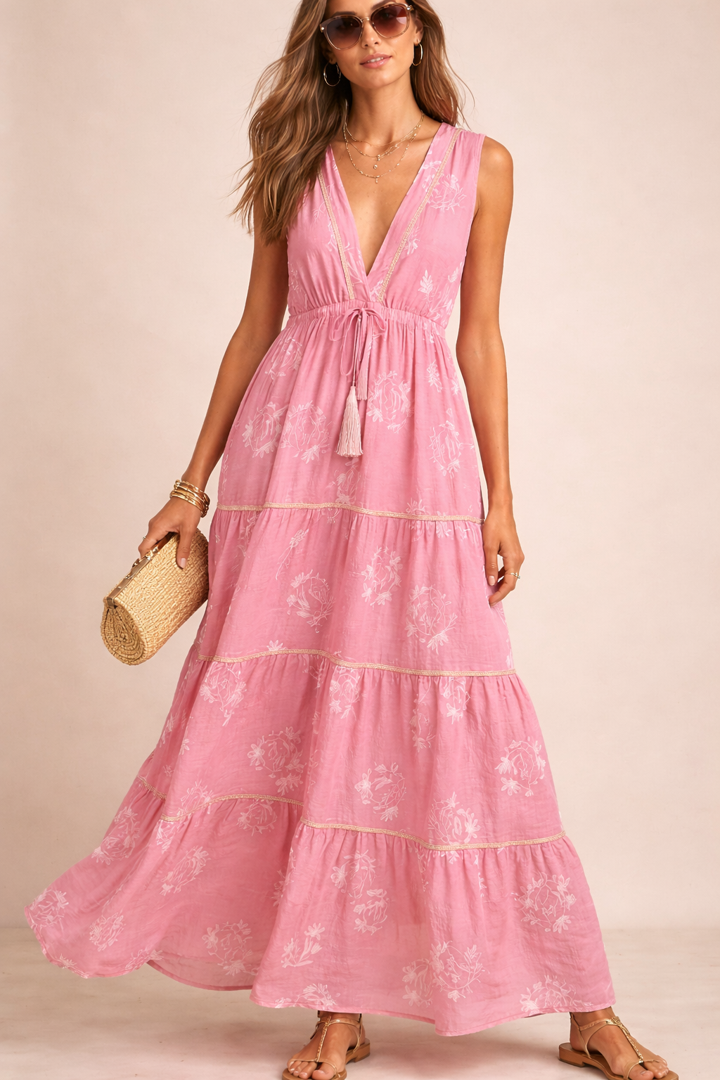 Boho-Maxikleid Pink | Weiß
