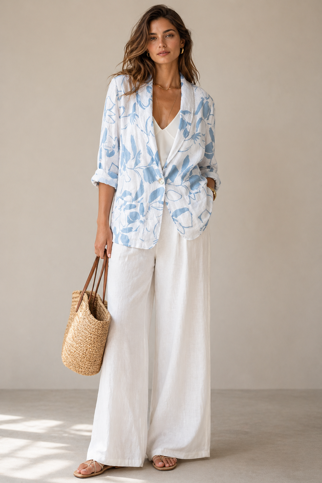 Leinen-Blazer „Floral“ Weiß | Hellblau