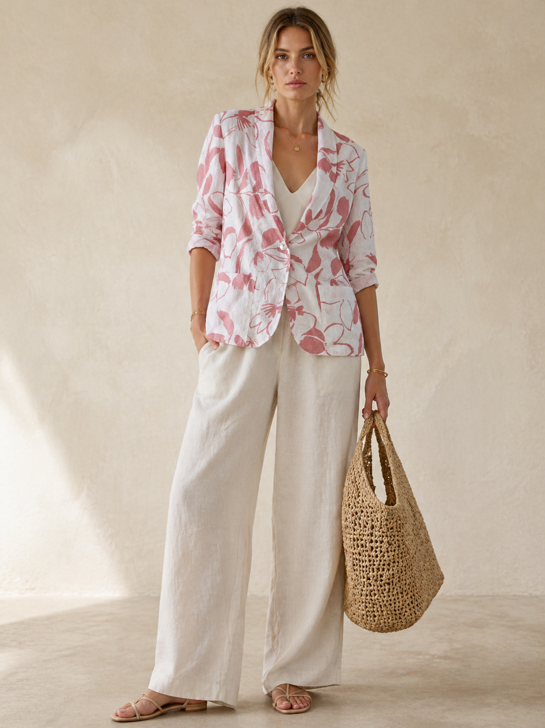 Leinen-Blazer „Floral“ Weiß | Koralle
