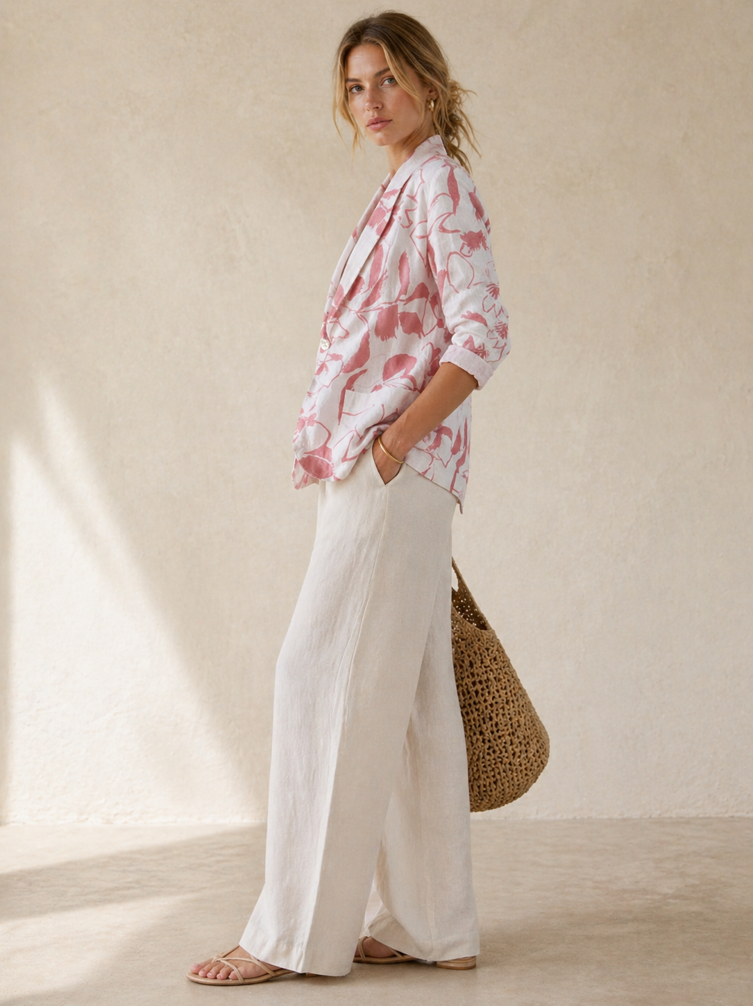 Leinen-Blazer „Floral“ Weiß | Koralle