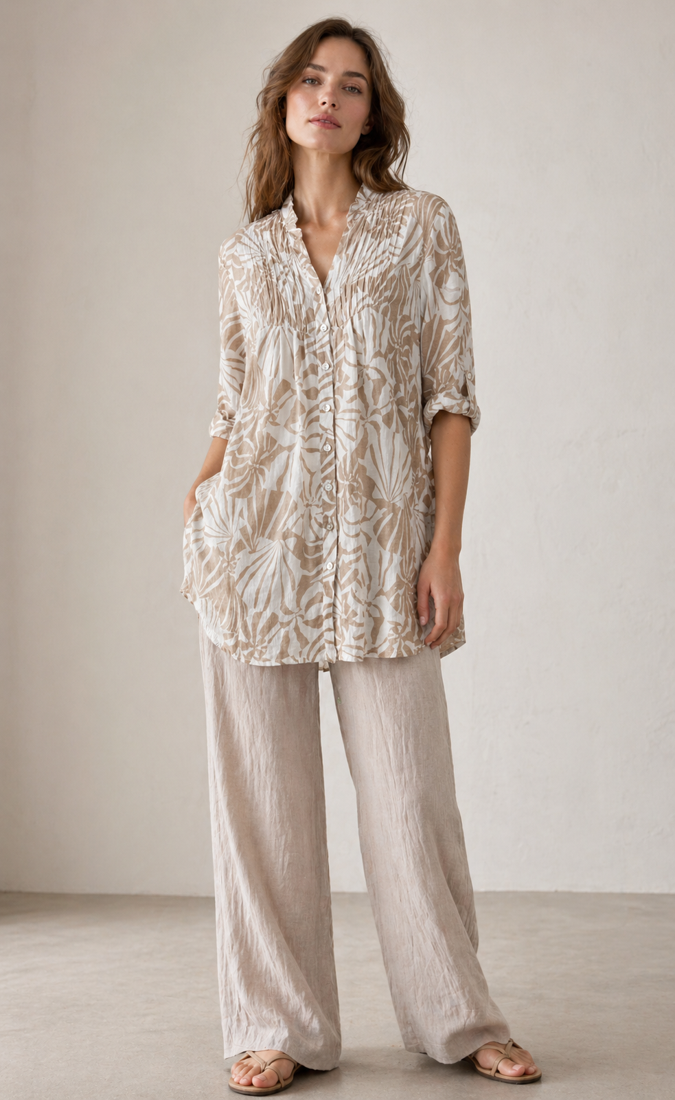 Leinen-Tunika „Floral“ Weiß | Taupe