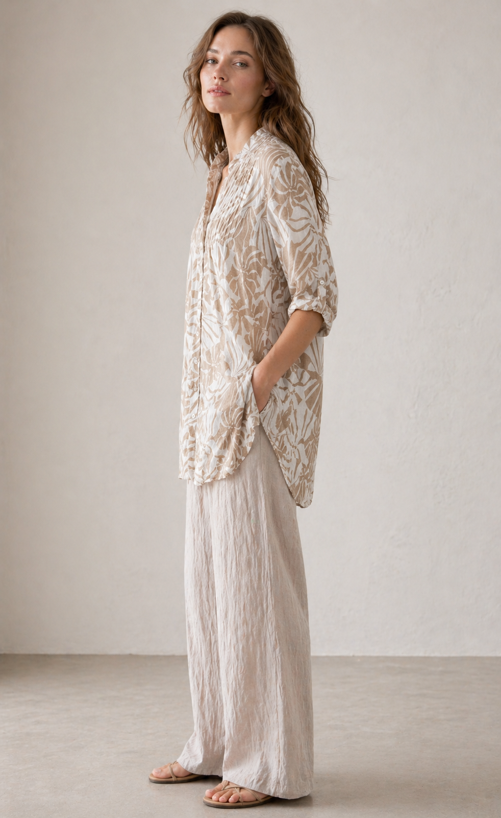 Leinen-Tunika „Floral“ Weiß | Taupe