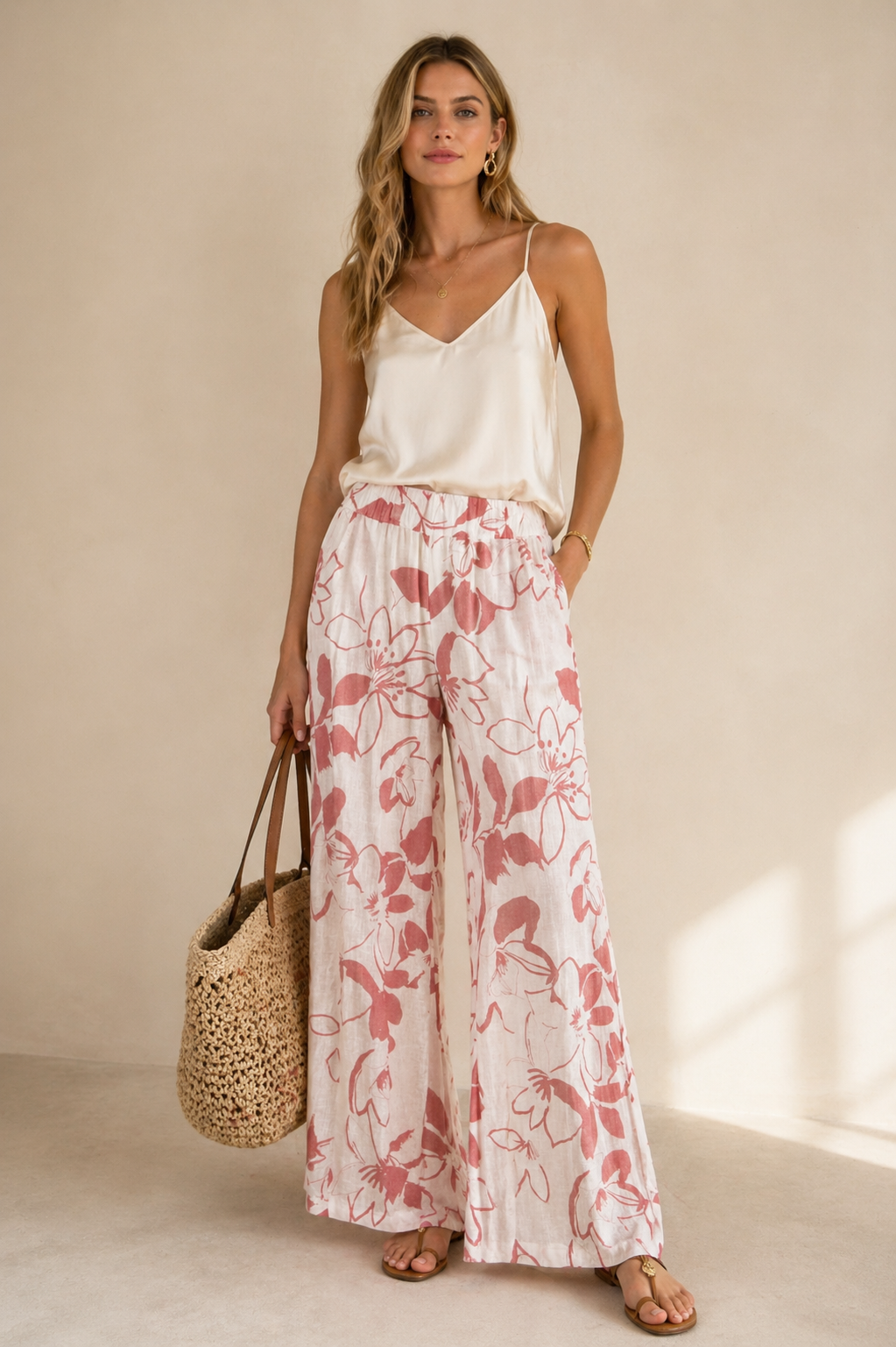 Leinenhose „Floral“ Weiß | Koralle