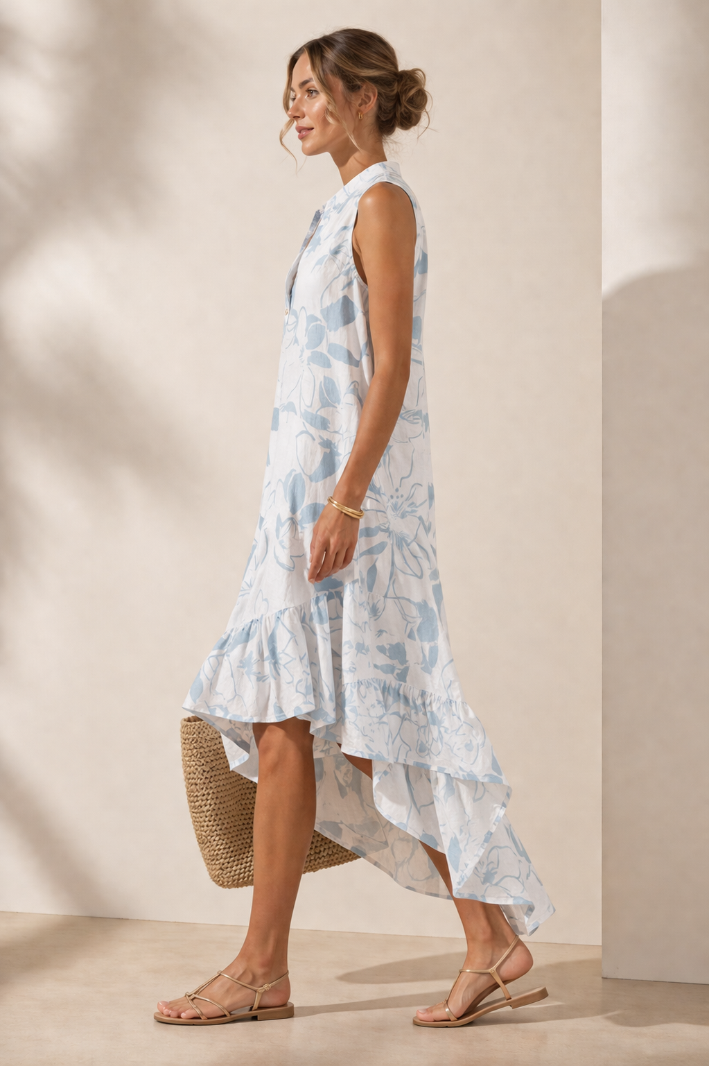 Asymmetrische Leinenkleid „Fächer“ Weiß | Hellblau