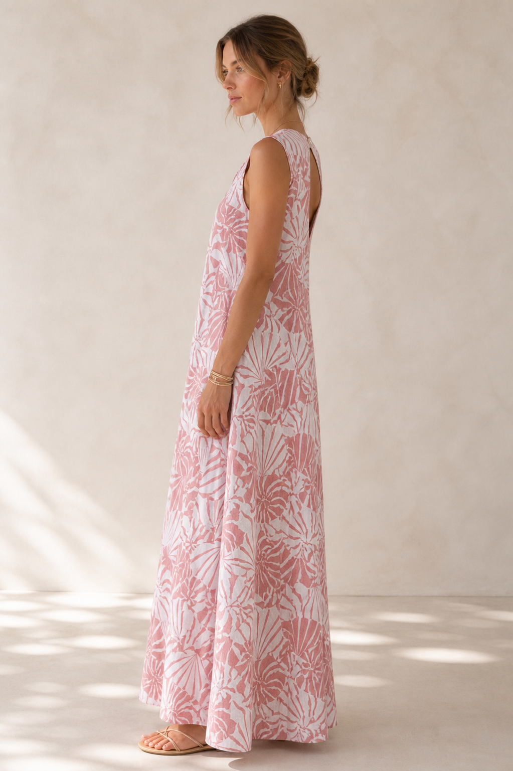 Leinen-Maxikleid „Fächer“ Koralle | Weiß