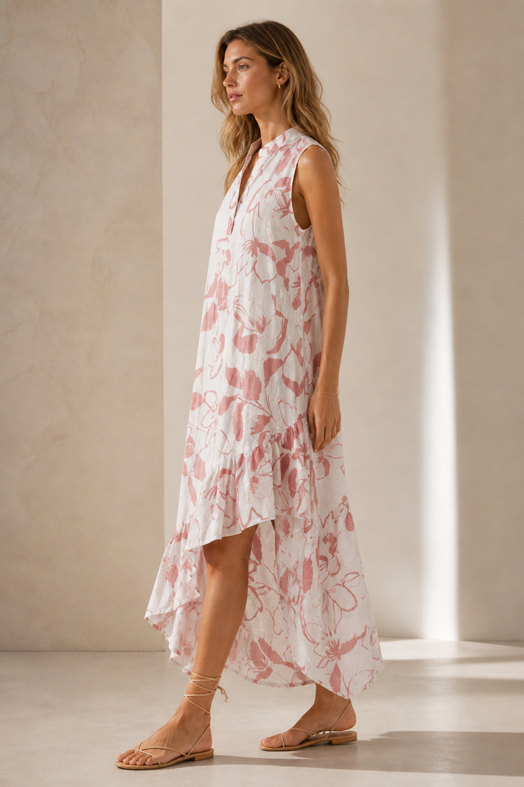 Asymmetrische Leinenkleid „Fächer“ Weiß | Koralle