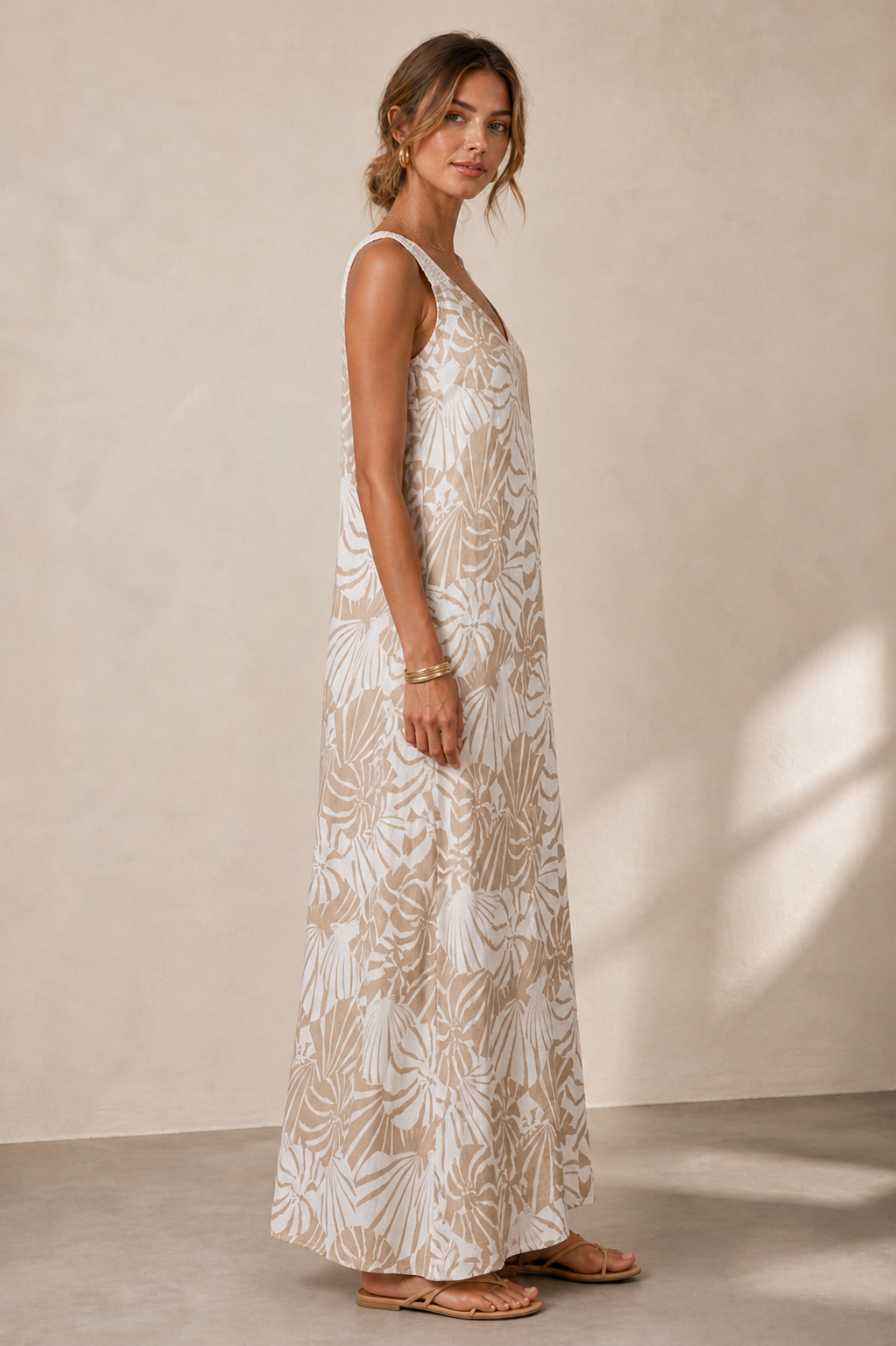 Leinen-Maxikleid „Fächer“ Weiß | Taupe