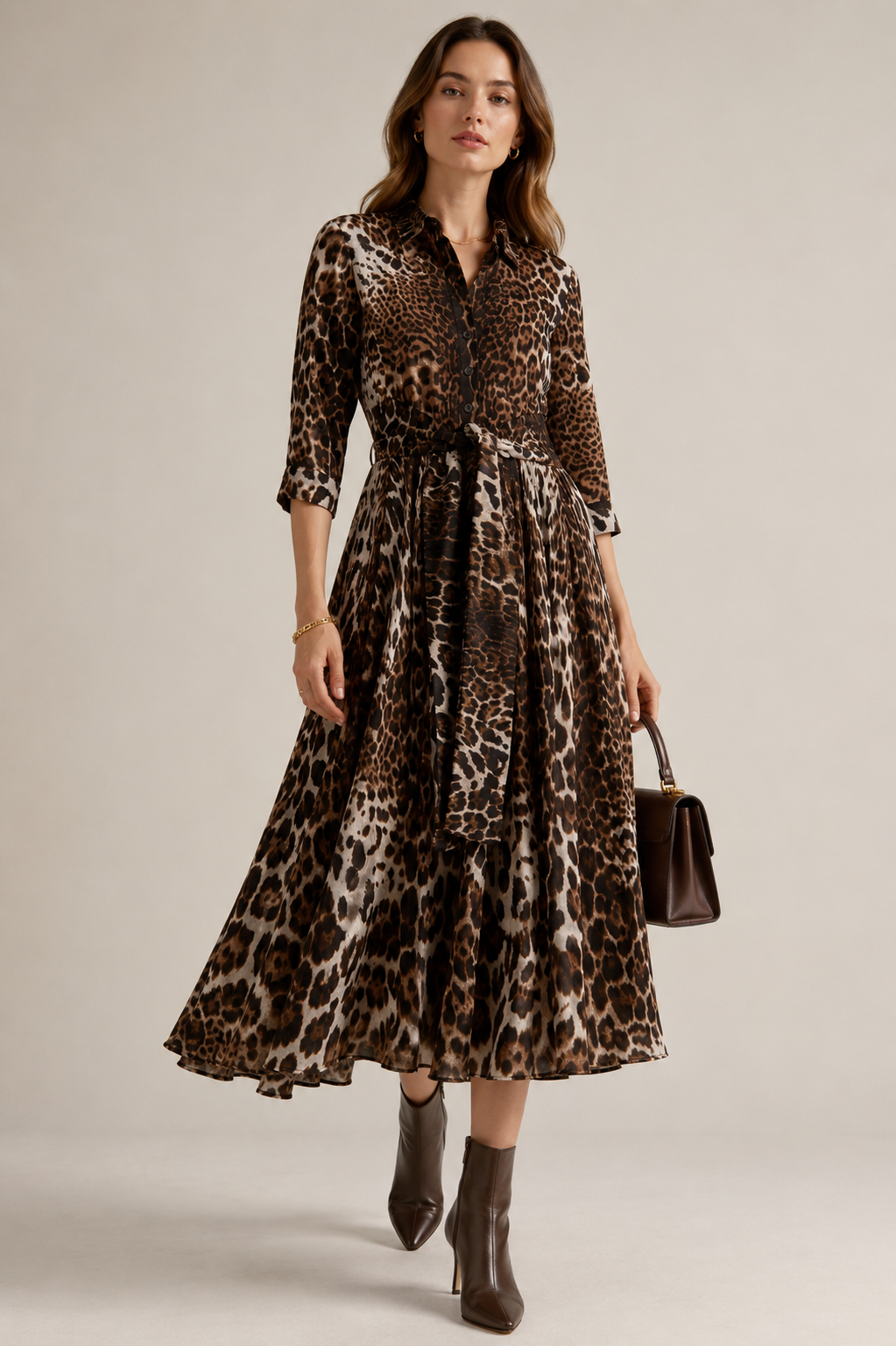 Zeitlose Wildnis Leoparden-Hemdblusenkleid Braun | Beige