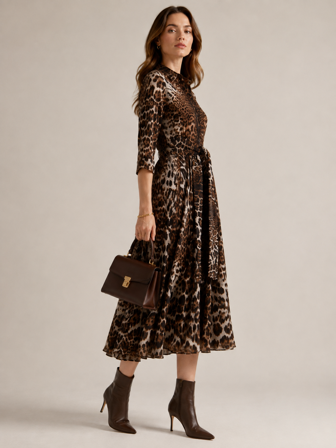 Zeitlose Wildnis Leoparden-Hemdblusenkleid Braun | Beige