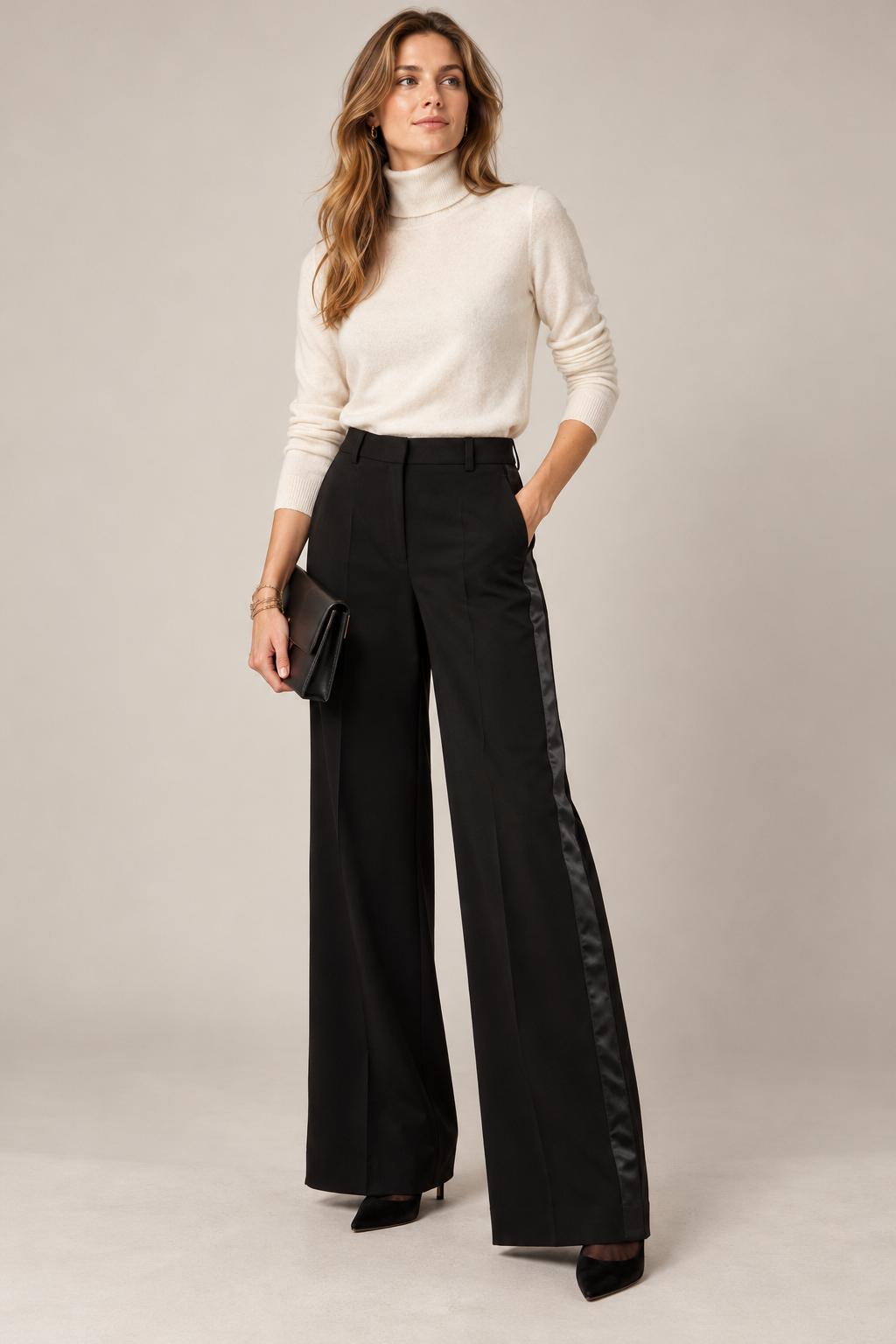 SEDUCTIVE / GLAMOUR: DIE WEITE HOSE „SHILOH STRIPE“ SCHWARZ / Frontansicht
